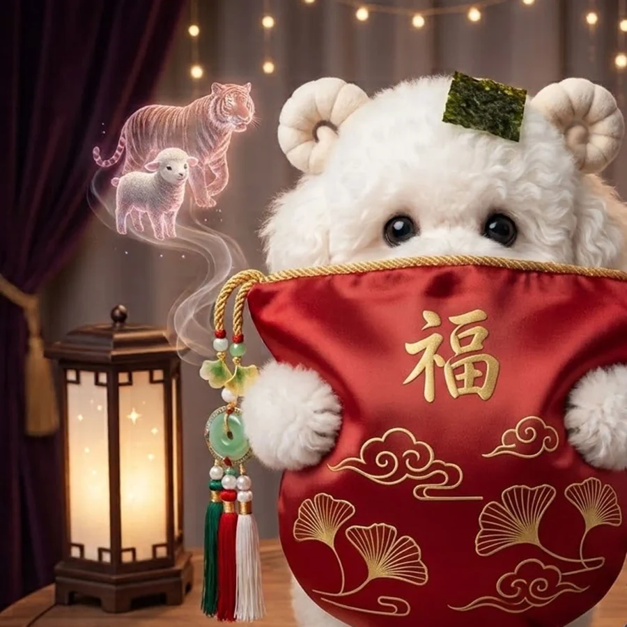 김 머리핀과 양 뿔을 단 비숑이 붉은 福 주머니를 안고 있어요